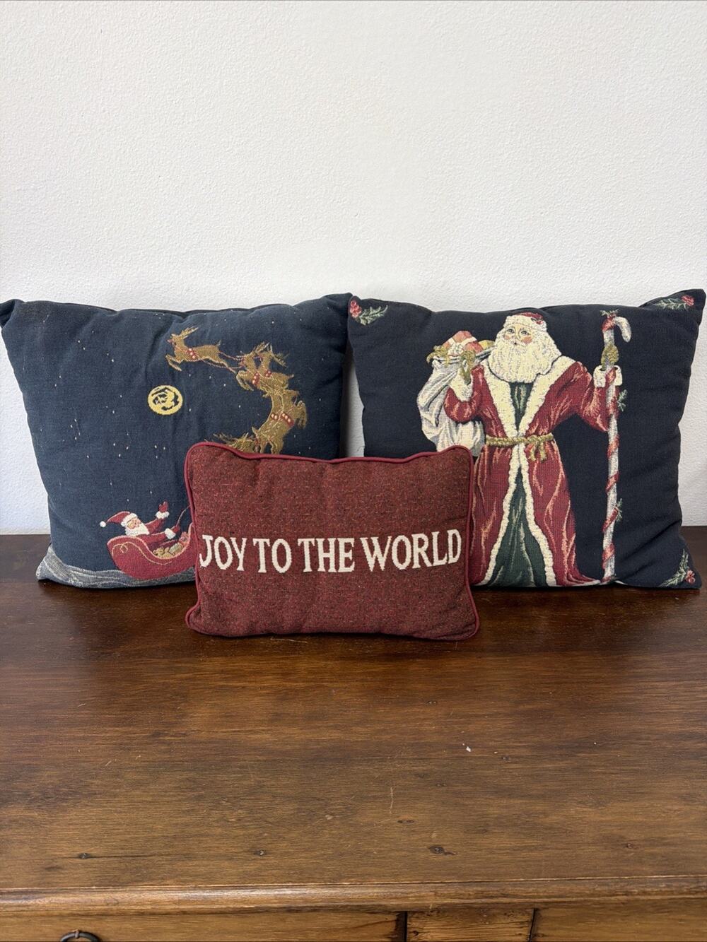 3 Vintage Christmas Woven Tapestry Throw Pillows Lot Santa Reindeer Joy World